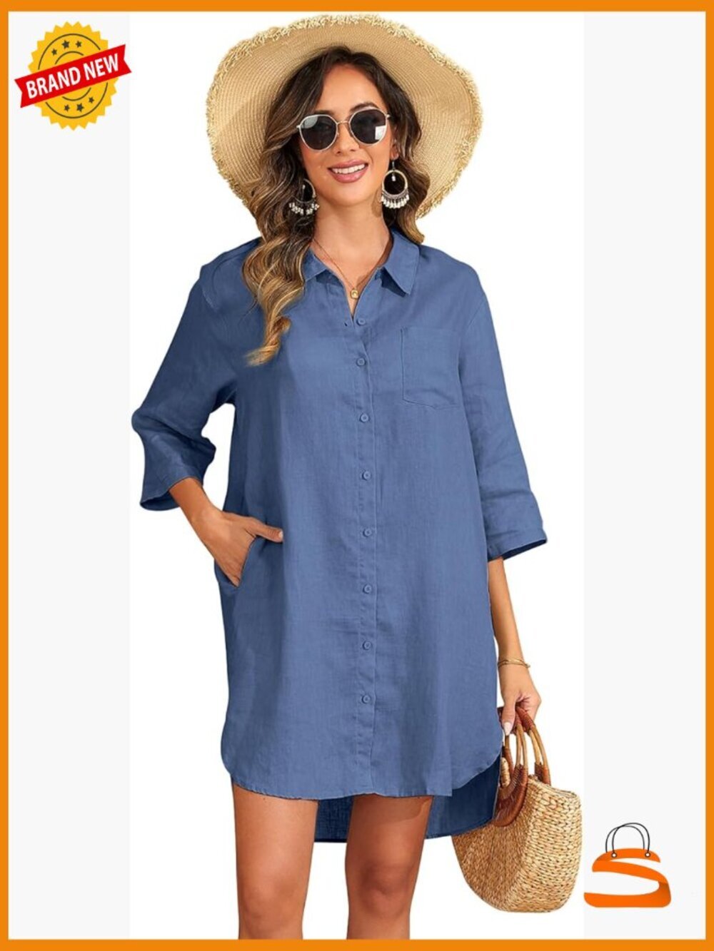 100% Linen Button Down Shirt Dress Oversized 3/4 Sleeve Tunic with Pockets